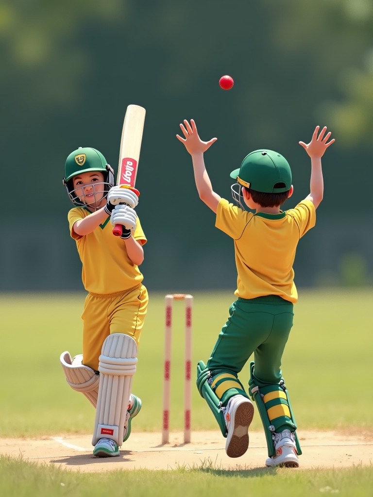 A kid with a bat faces a bowler. The bowler raises hands in excitement. The scene showcases a cricket match between kids. They wear vibrant sports uniforms playing on a cricket field.