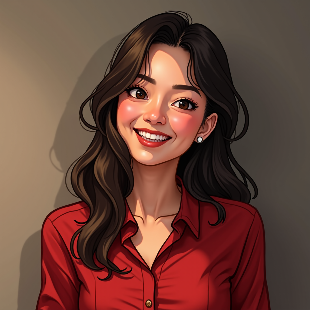 A digital painting of a cheerful woman with long black hair and a bright smile, wearing a red shirt and stud earrings.