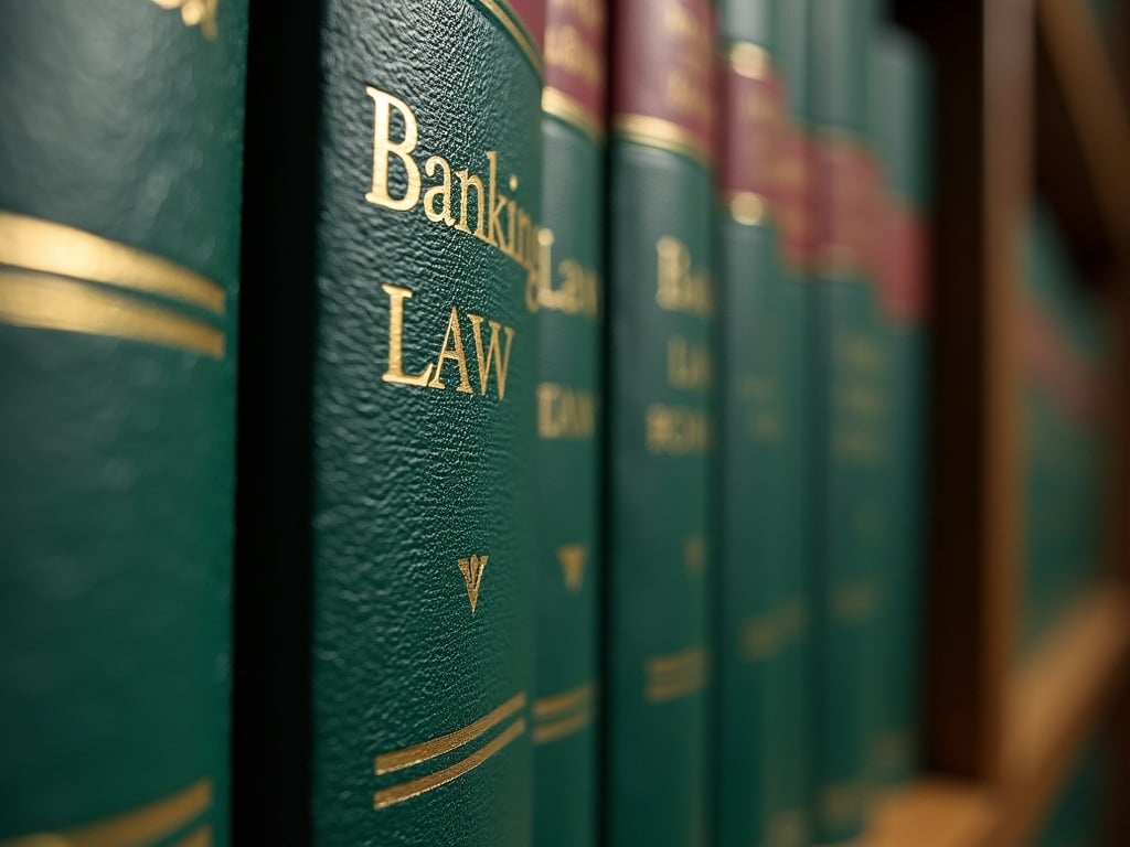 Close-up view of green hardcover books on a shelf. The title 'Banking Law' appears in gold letters with a red border. Texture of the cover shows high-quality leather. Image emphasizes legal literature about banking law regulations.