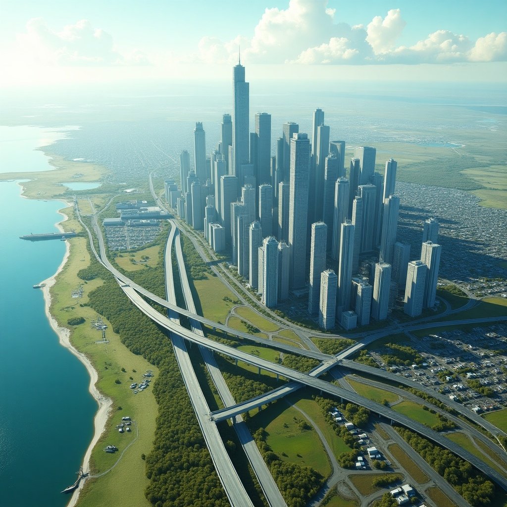 A modern coastal city with high skyscrapers. The city is bustling with 1.1 million people. The landscape includes grassy areas and tundra. Elevated highways crisscross across the city. An overview shows the skyline and flat plain. It features a port and suburban sprawl. The image is in 3D and modernist style.