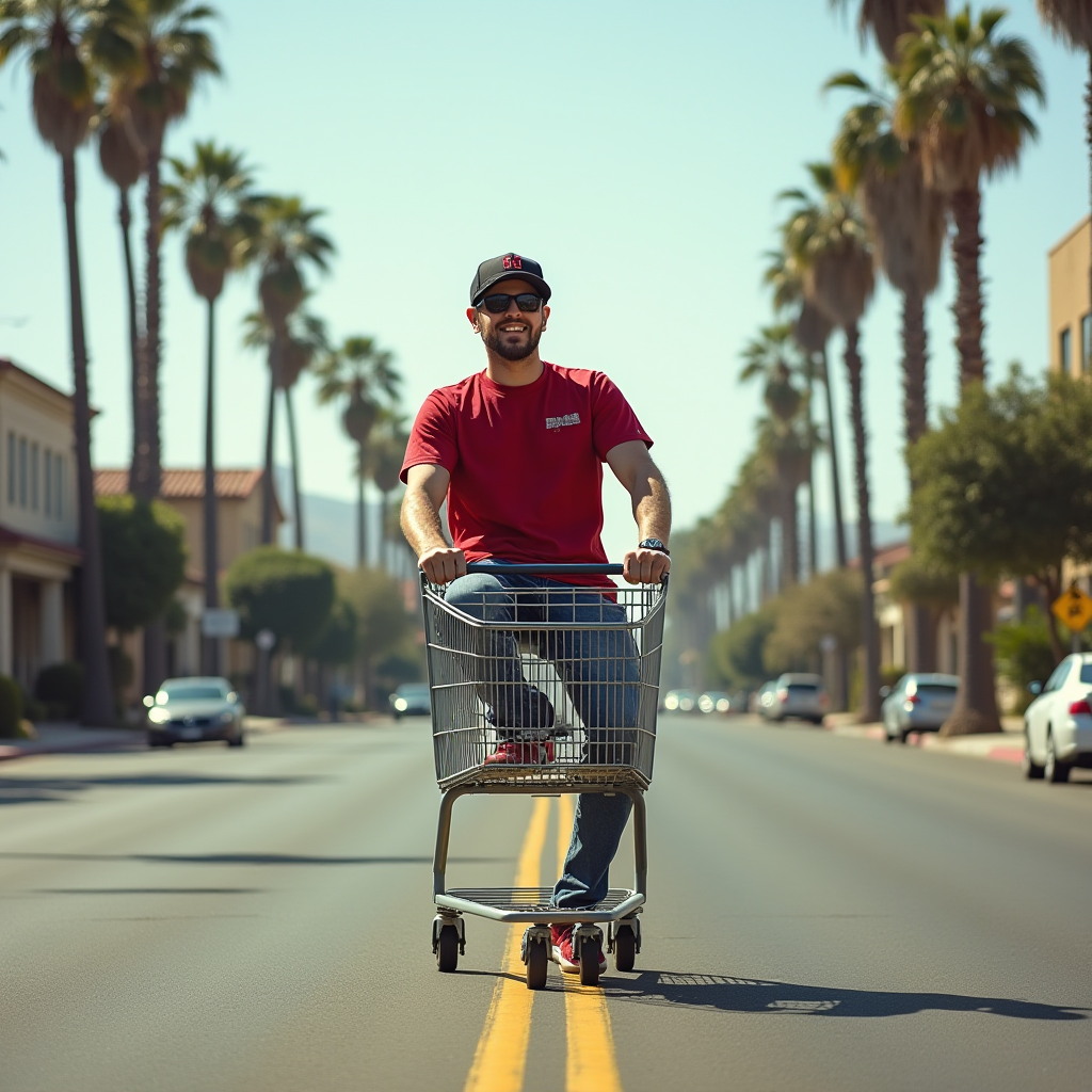 A person in a red shirt rides a shopping cart down the middle of a palm tree-lined street.