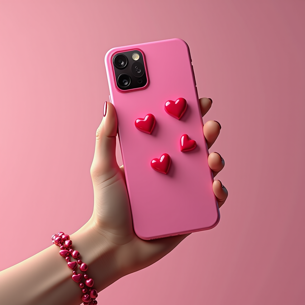 A hand holds a pink phone case with four red heart designs and wears a matching pink bracelet.