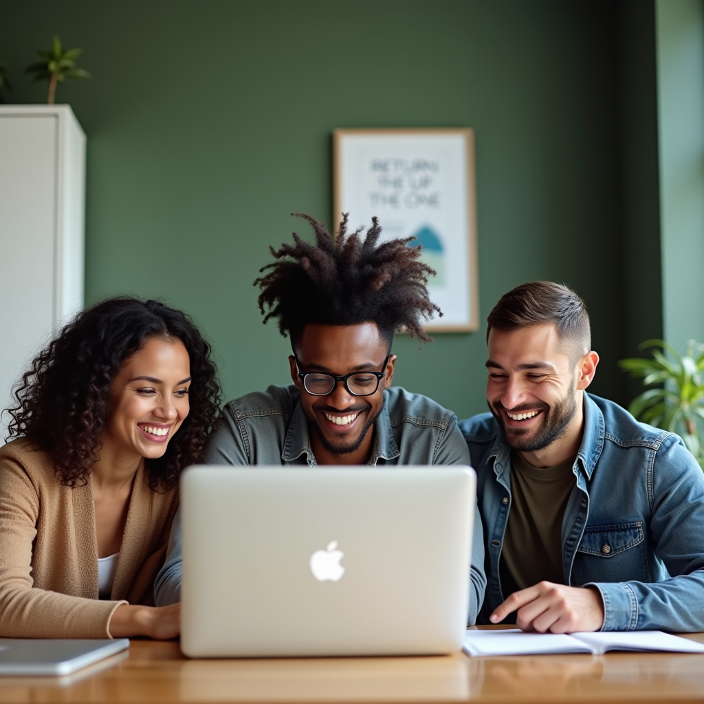 Three people happily working together on a laptop in a modern workspace.