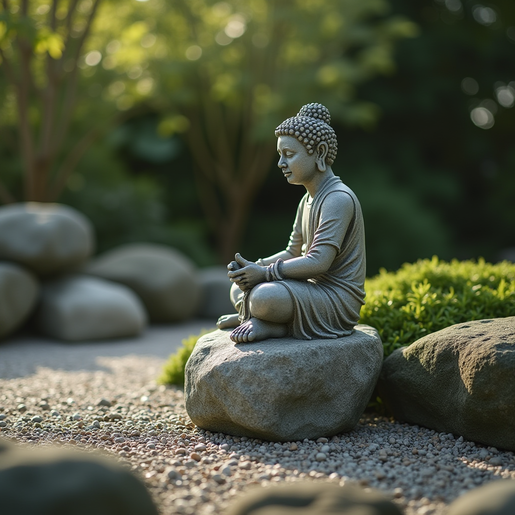 A serene Buddha statue sits peacefully on a rock amidst a tranquil garden setting.