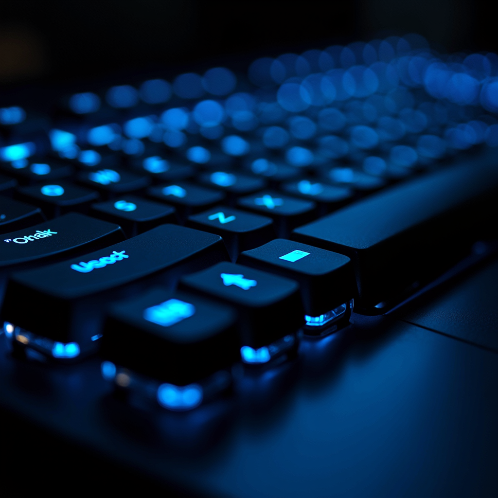 A close-up view of a dimly lit keyboard illuminated by striking blue backlighting, with a focus on several keys.