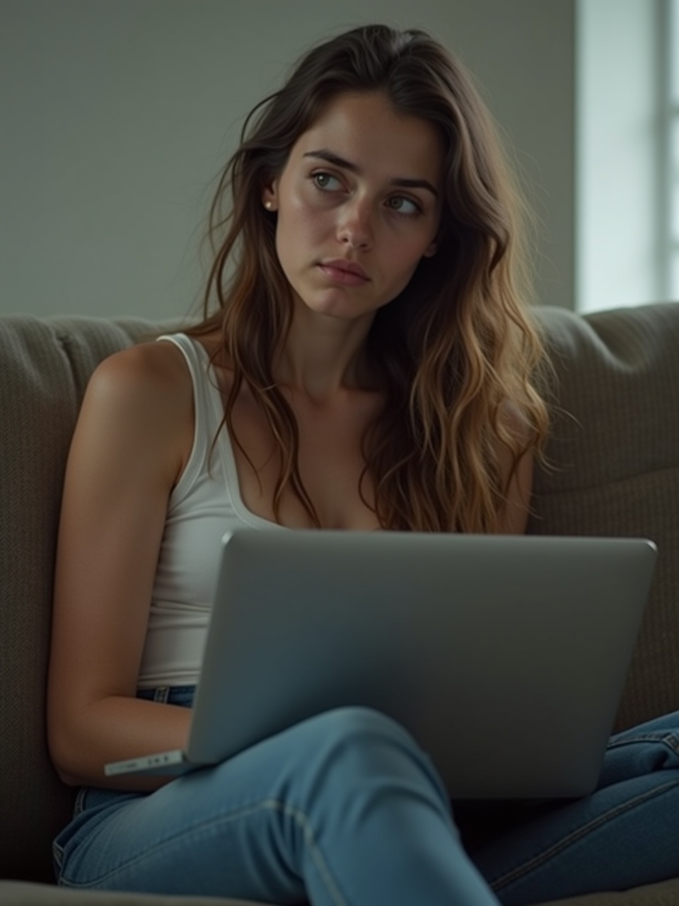 A young woman sitting on a couch with a laptop, looking pensively into the distance.