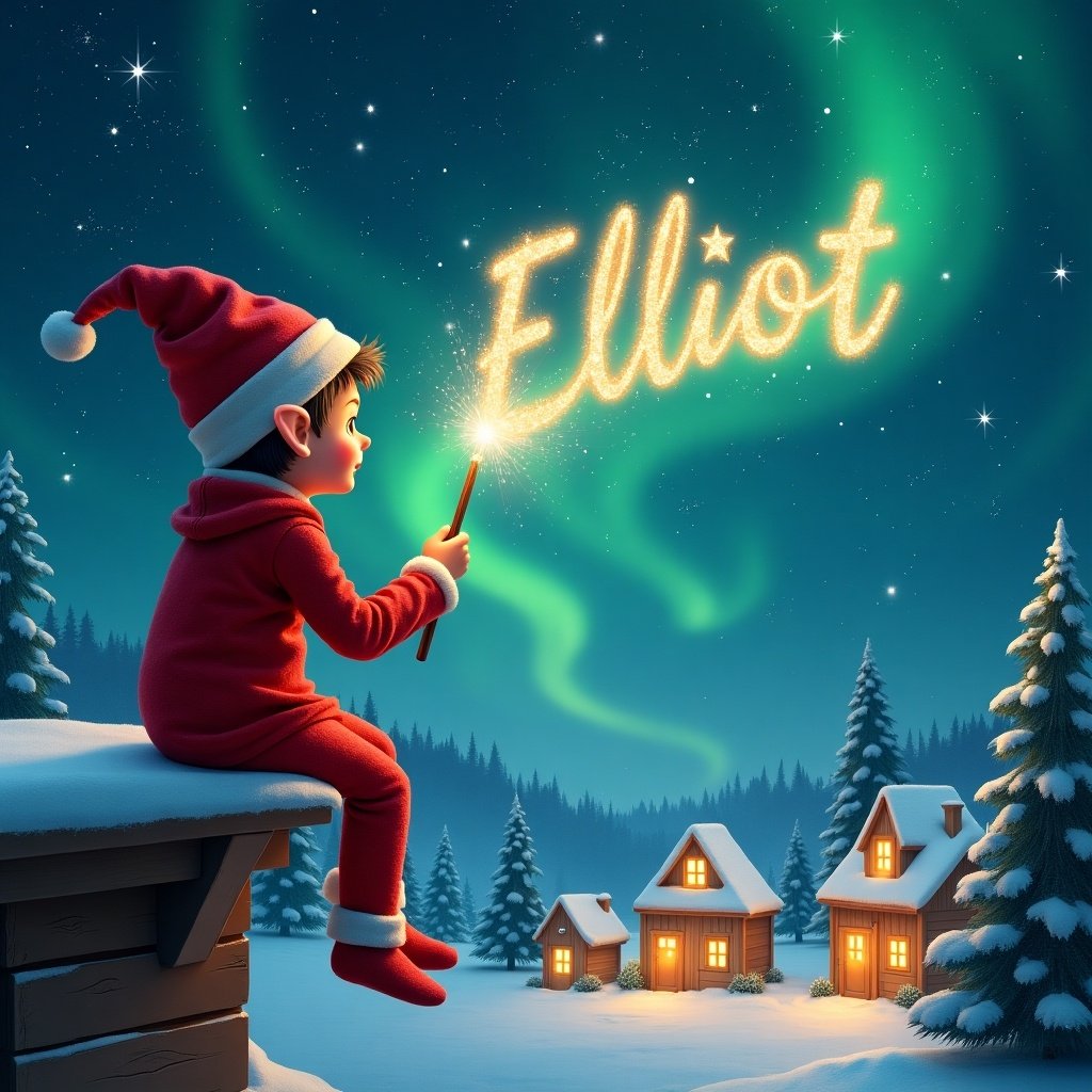 An elf on a wooden ledge gazing at a magical sky dressed in red. The elf holds a glowing wand and writes the name 'Elliot' in shimmering letters. Below is a snowy landscape with little houses and evergreen trees illuminated by the Northern Lights. The elf adds the names 'Alana' and 'Elijah' to the sky.