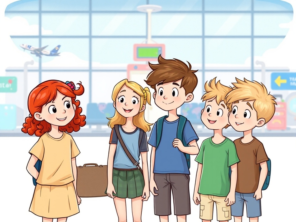 A group of animated children in an airport, smiling and carrying luggage.