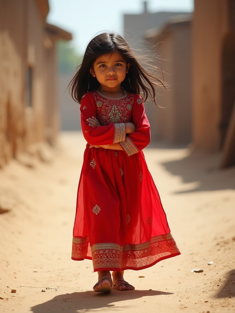 Young Pakistani girl walks barefoot on village path. She wears vibrant red outfit with intricate designs. Arms crossed. Thoughtful expression shows confidence. Dusty ground and rustic buildings create warm atmosphere. Dark hair flows gently in breeze. Essence of childhood in cultural context. Beauty of traditional clothing depicted.