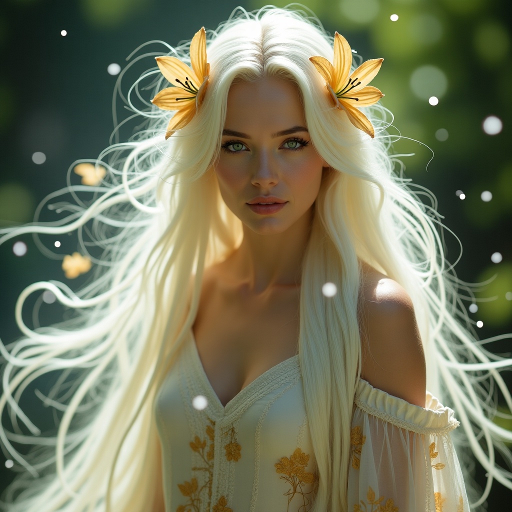 Mystical woman stands amidst a soft magical light. Long white flowing hair adorned with golden lily flowers. Wears delicate fabric with floral patterns. Evokes enchantment and wonder.