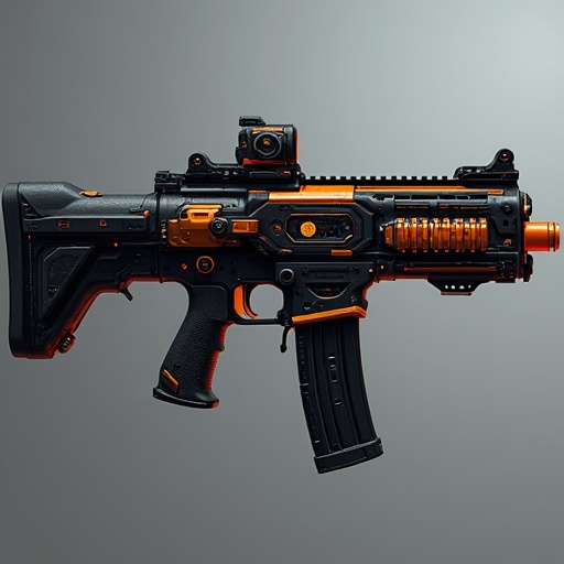 Concept Art of a Fictional Futuristic High-Tech Tactical Rifle with Cyberpunk Influences. Emphasizes intricacies and futuristic narrative suitable for video games. Black body with vibrant orange highlights and display panels.