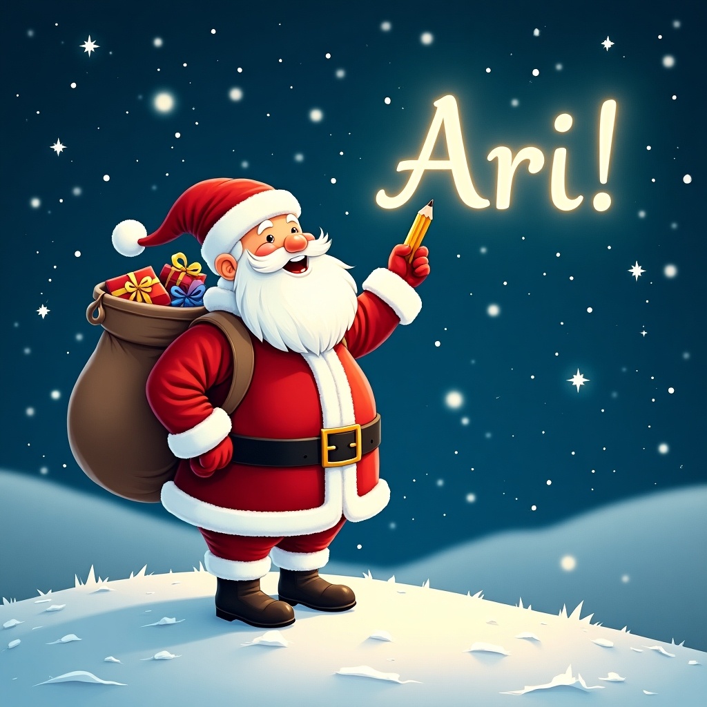 Santa Claus stands on a snowy hill in winter. He holds a pencil and looks up. Names are written in the night sky. Large sack of gifts on his back. Bright with twinkling stars. The word 'Ari!' is shown.