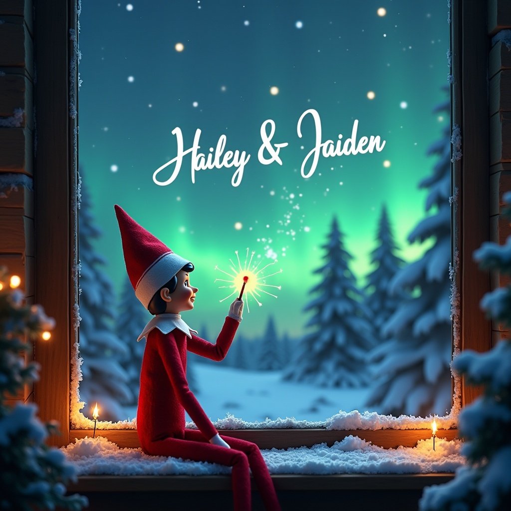 An elf on the shelf sits with his back to the viewer, gazing up at a stunning night sky. The scene features vibrant northern lights in shades of green and blue illuminating the surroundings. In his hand, the elf holds a magic wand, writing 'Hailey & Jaiden' in the sky. Soft snow blankets the window sill, contributing to the cozy feel. Snow-covered trees are visible in the enchanting background, enhancing the magical winter wonderland atmosphere.