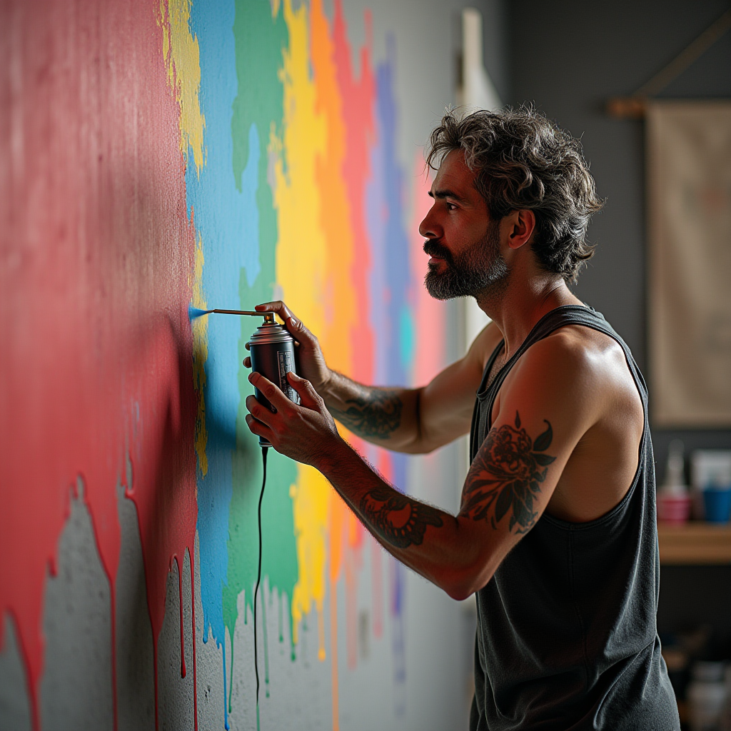 An artist passionately spray painting a colorful mural on a wall.