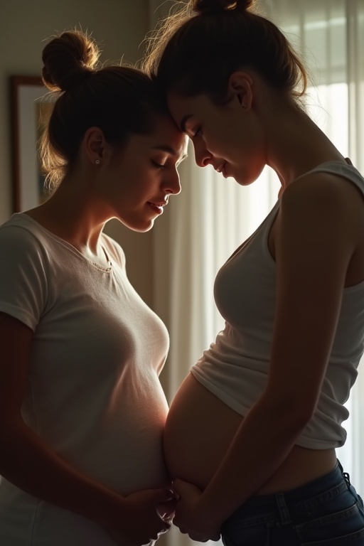 Two pregnant women stand closely together. They touch their bellies. The setting has soft, natural light coming through a window. One woman is older, and the other is younger, creating an emotional moment.