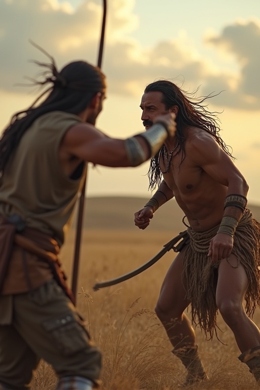 Depicts a fierce battle scene between an old Indian warrior and a young man. Both are in dynamic poses and are engaging in a standoff. The setting is a grassy landscape under a dramatic sky.