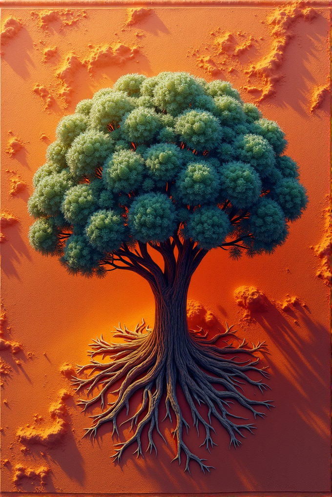 A green tree with thick roots against a textured orange background.