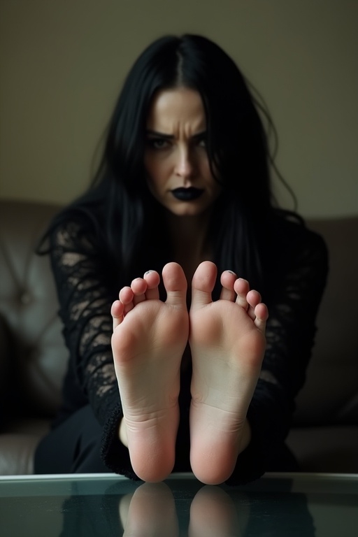 Image features a mature goth woman with long black hair. She has black lips. Her soles of bare feet are wounded. She is sitting on the couch. Feet are placed on a glass table. The woman appears worried.