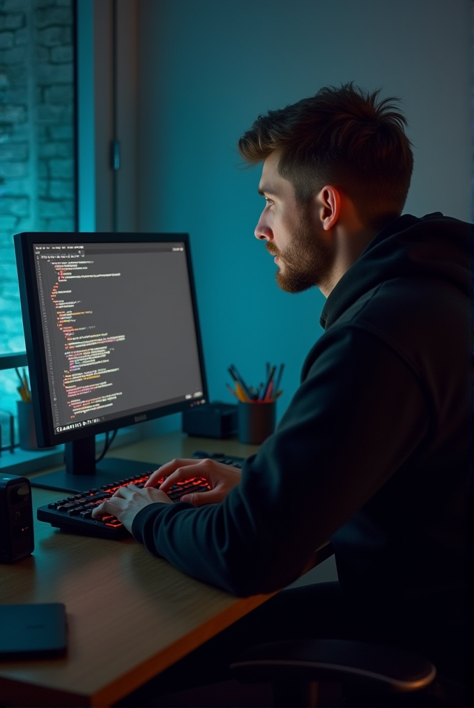 A focused programmer working on code illuminated by the glow of a computer screen.