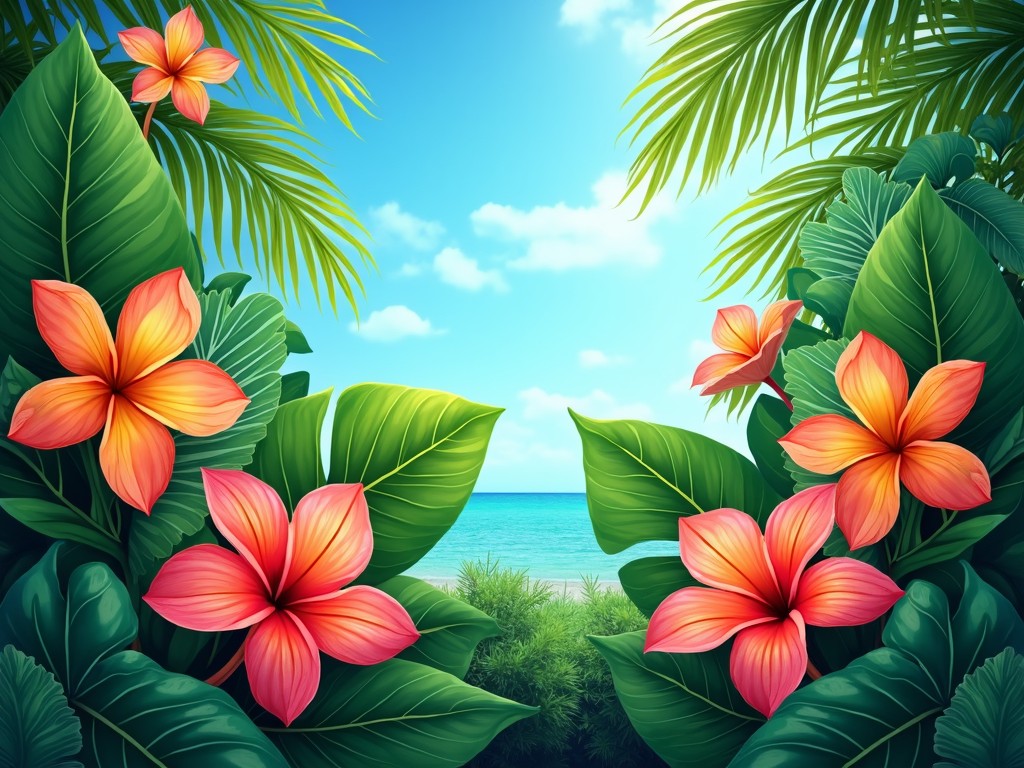 This vibrant image depicts a tropical paradise with large, vividly colored flowers and lush green leaves framing a distant view of the serene ocean and blue sky. The composition captures the essence of a tranquil beach setting, enhanced by the colorful contrast of bright pink and orange blossoms against deep green foliage.