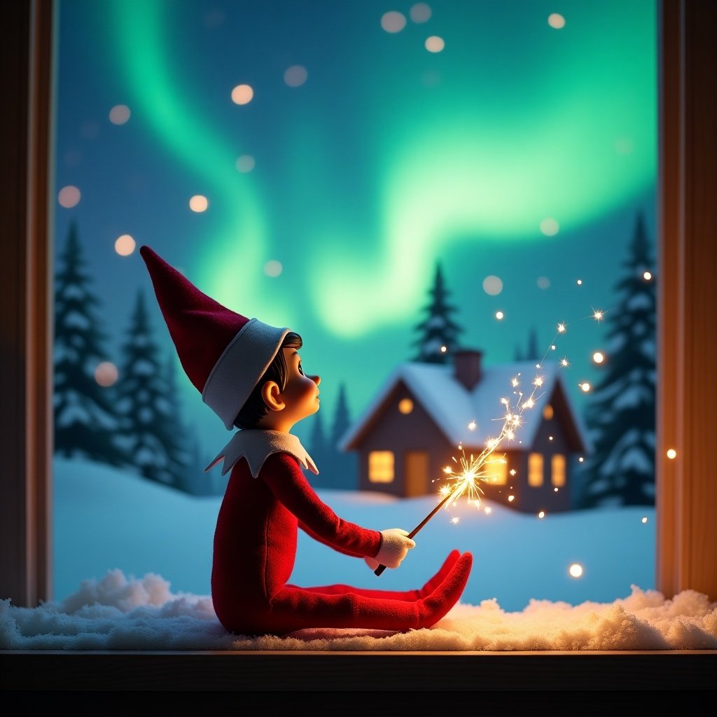 Elf on the shelf with back to viewer. Elf gazes at sky holding glowing wand. Christmas scene with northern lights. Cozy house in distance. Snow covers ground. Elf symbolizes Christmas magic. Names appear from wand, ‘Josh, Enzo & Laila’ and ‘Jack Tyler’.