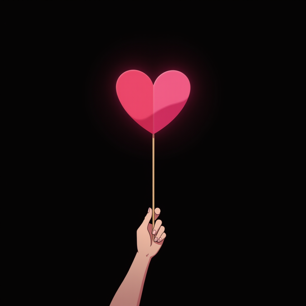 A hand holds a pink heart-shaped object on a stick, set against a black background.