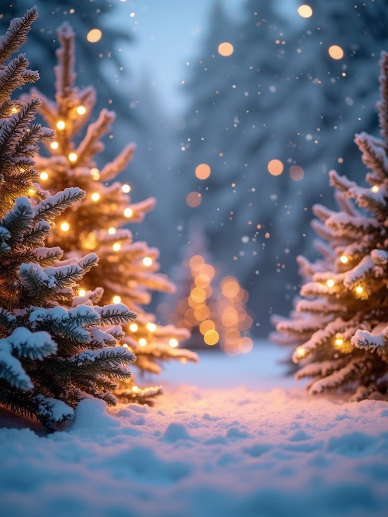 Snow-covered trees embellished with warm glowing lights. Soft snow blankets the ground. Magical inviting atmosphere with blurred background.