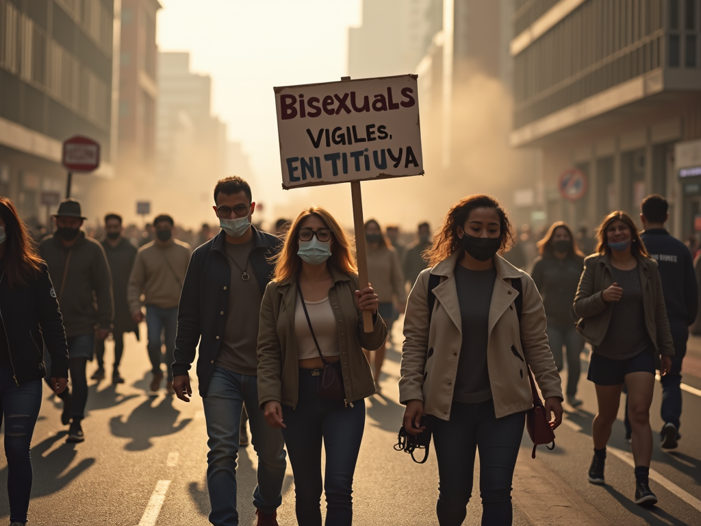 A group of people wearing masks participate in a city demonstration, with one holding a sign that supports bisexual visibility.