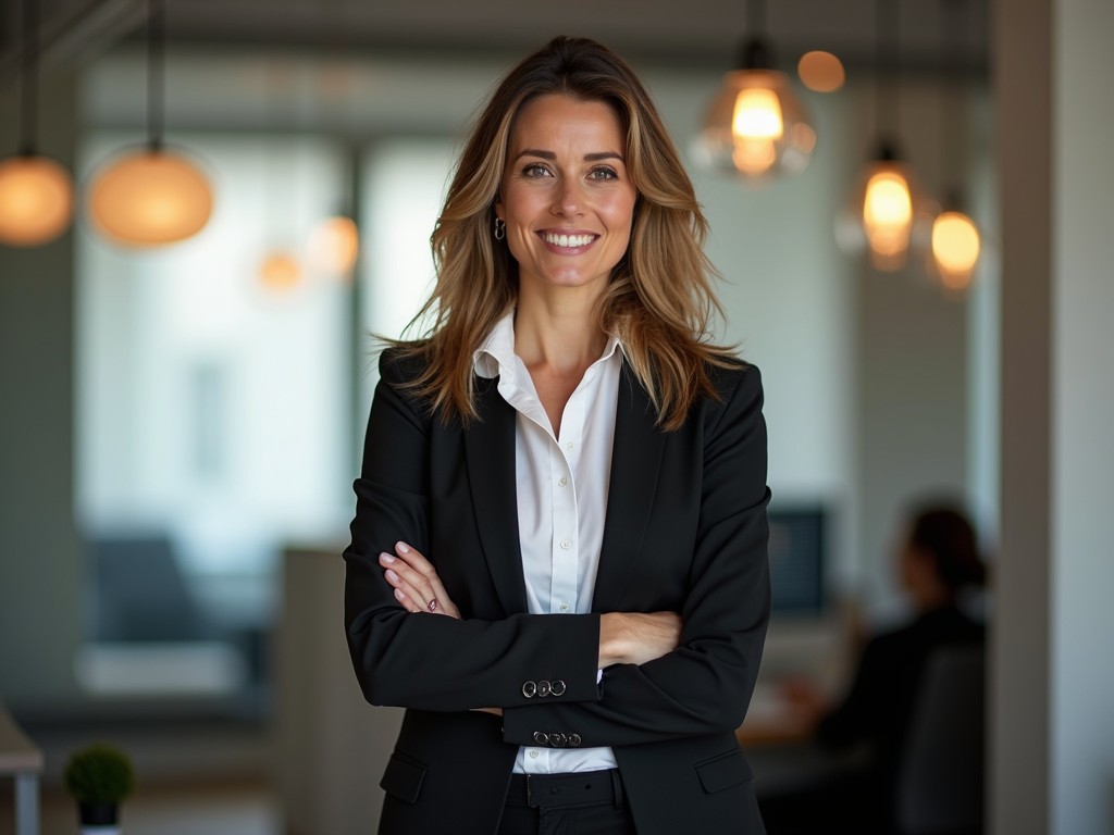 A poised and confident businesswoman stands with her arms crossed in a modern office setting. She is wearing a sleek, black business suit over a crisp white blouse, and smiles warmly at the camera, exuding professionalism and approachability. In the background, a softly blurred office environment with dim round lights creates a warm and inviting atmosphere.