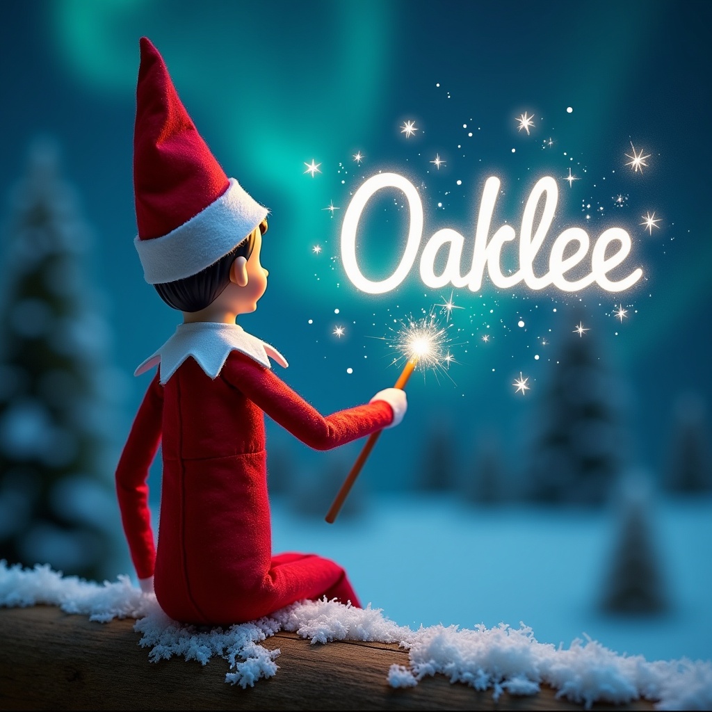 An elf on the shelf is depicted with its back showing, gazing up at the night sky. The elf is using a magic wand to elegantly write the name 'Oaklee' in sparkling letters in the sky. In the background, a magical winter scene is created with soft, snowy trees under a sky filled with vibrant northern lights. The magical atmosphere is enhanced as Santa can be subtly seen among the twinkling lights, adding to the festive charm of the image. This captures a moment of wonder and holiday spirit, perfect for conveying the magic of Christmas.