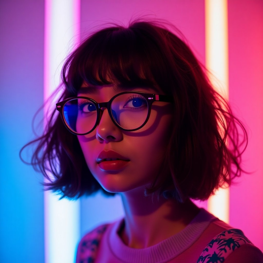 Indonesian woman in vibrant pink and blue neon lighting. She has messy classic bob hair. She is wearing round frame glasses. A modern dynamic atmosphere is created.