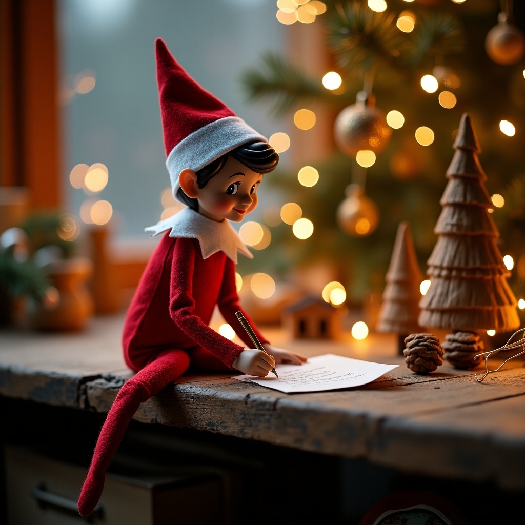 The image showcases an Elf on the Shelf character sitting at a rustic wooden table, intently writing on a sheet of paper. The elf, adorned in a red outfit with a white collar and pointed hat, appears to be crafting a letter. Behind the elf, a beautifully decorated Christmas tree shines with warm lights, contributing to the festive ambiance. Decorative wooden trees and pinecones are arranged around the table, enhancing the holiday theme. The scene is illuminated by gentle, cozy lighting that creates a welcoming atmosphere perfect for the season.