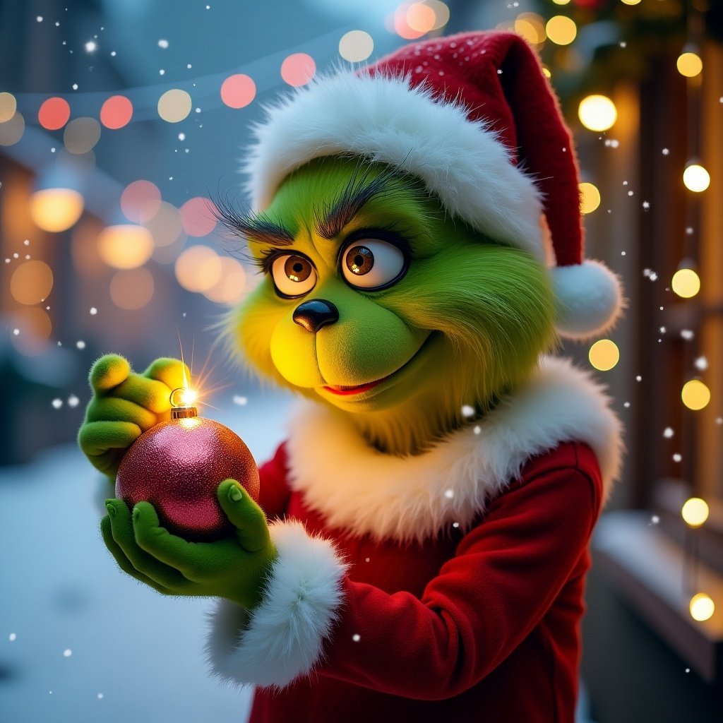 Grinch character in Christmas outfit holding a shiny bauble in a snowy background with lights. Sunny.