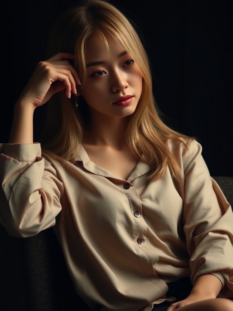 A woman sitting in a dimly lit room, exuding a calm and thoughtful demeanor.