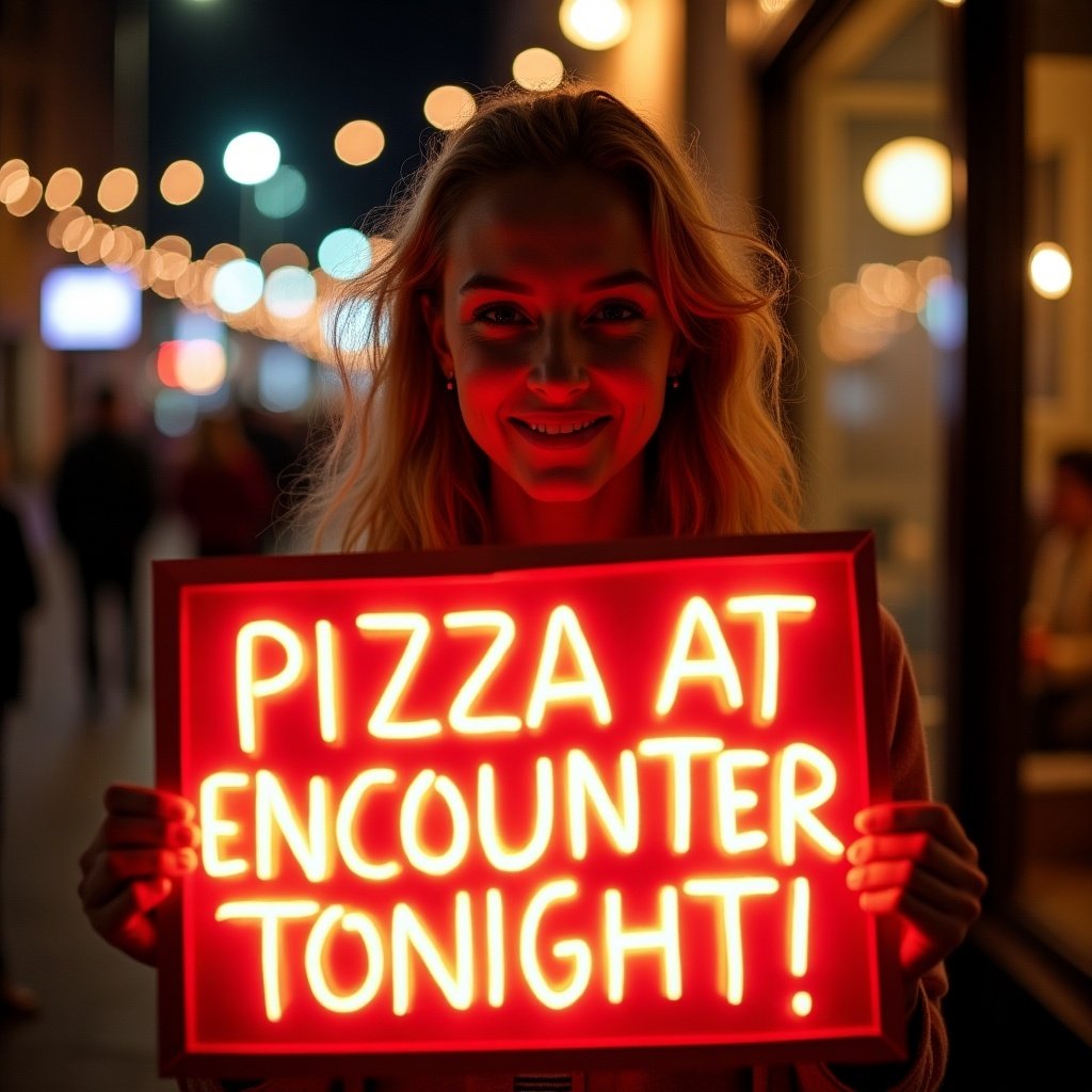 A lady holds a brightly lit sign with the words PIZZA AT ENCOUNTER TONIGHT. The letters are bold and vibrant. She smiles at the camera in a lively setting.