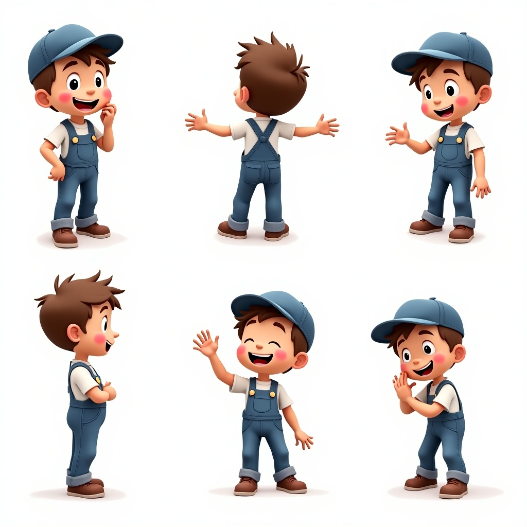 This image showcases a cheerful and animated boy character depicted in various poses. He has short hair and wears overalls and a blue denim hat. His overalls may have a few grease splotches on them because he is a mechanic. Each pose captures a moment of action, emphasizing his playful personality. At least one pose shows the boy thinking, indicating curiosity or problem-solving. This character could be used for various children's media contexts, from books to animations.