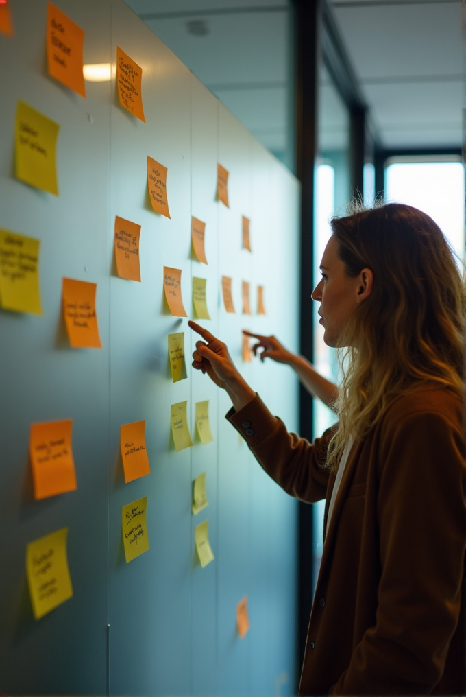 A woman in a brown blazer points at colorful sticky notes on a glass wall in an office setting.