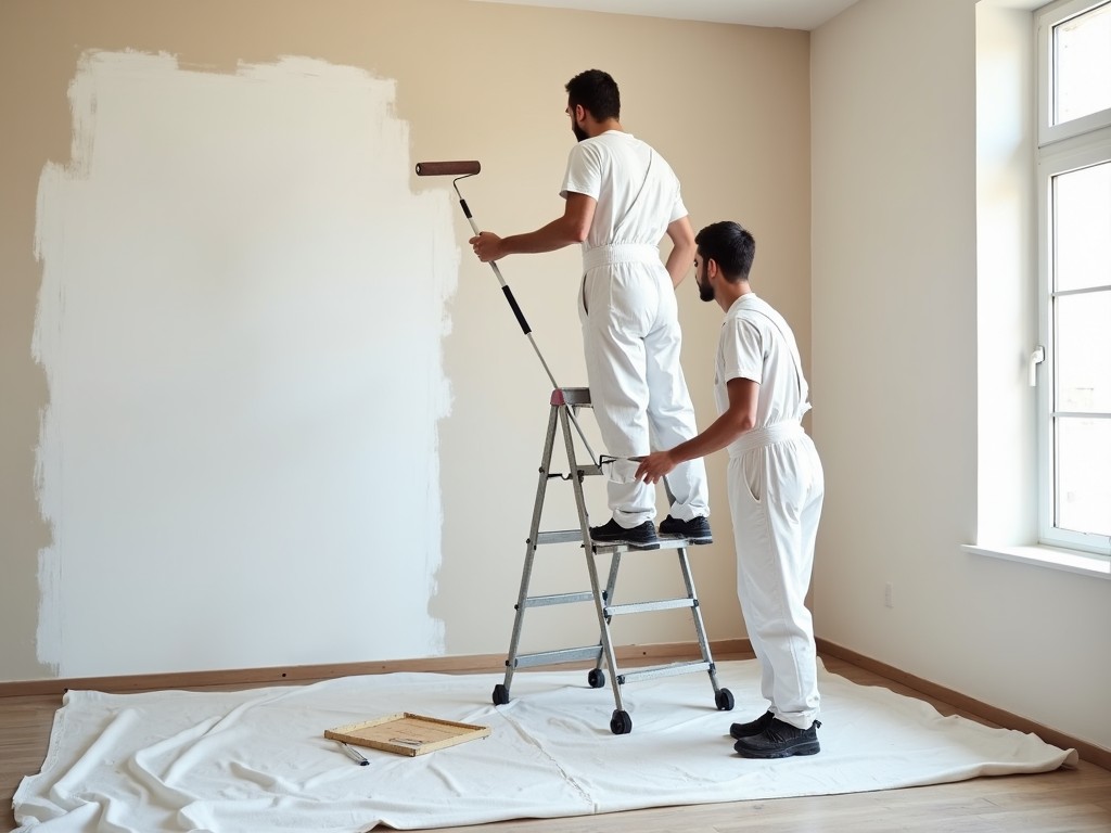 Two people are working together in a room that appears to be undergoing renovation. One person is standing on a ladder, carefully applying paint to the upper portions of the wall. The other person is painting a large wall area using a roller attached to a long pole. The room has a clean and organized appearance with a drop cloth laid on the floor to protect it from paint. Both individuals are wearing white overalls, suitable for painting tasks.