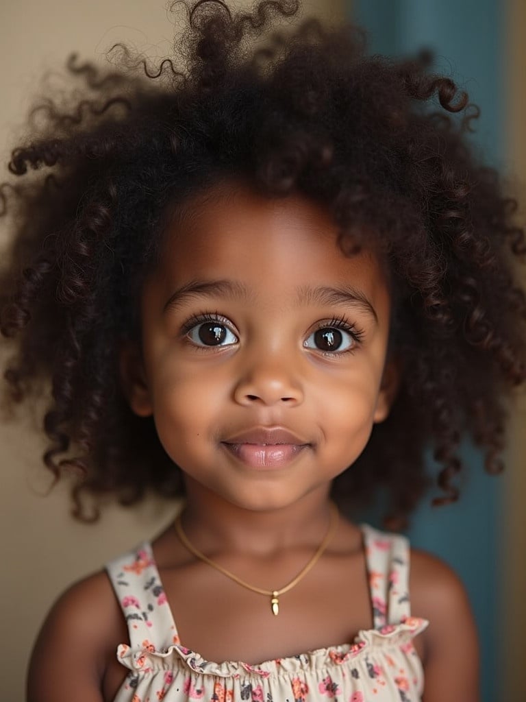 Portrait of a little girl with curly black hair. She has a cute expression. Wearing a floral dress and a necklace.