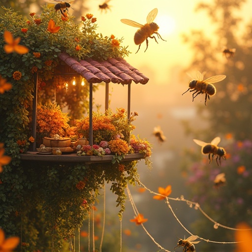 A hyperrealistic illustration depicts a bee marketplace. The marketplace is in mid-air supported by delicate spider webs. Bees glide gracefully between floral stalls exchanging goods. The setting sun bathes the scene in warm light enhancing the atmosphere.