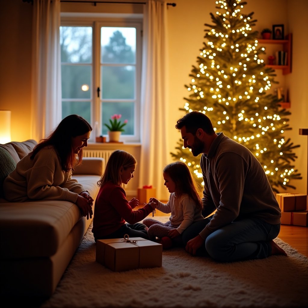 Family gathering in a cozy living room. Abstracted silhouette of adults and children. Beautifully decorated Christmas tree with lights. Gifts wrapped in boxes. Warm ambiance from lights. Celebrating the holiday spirit.