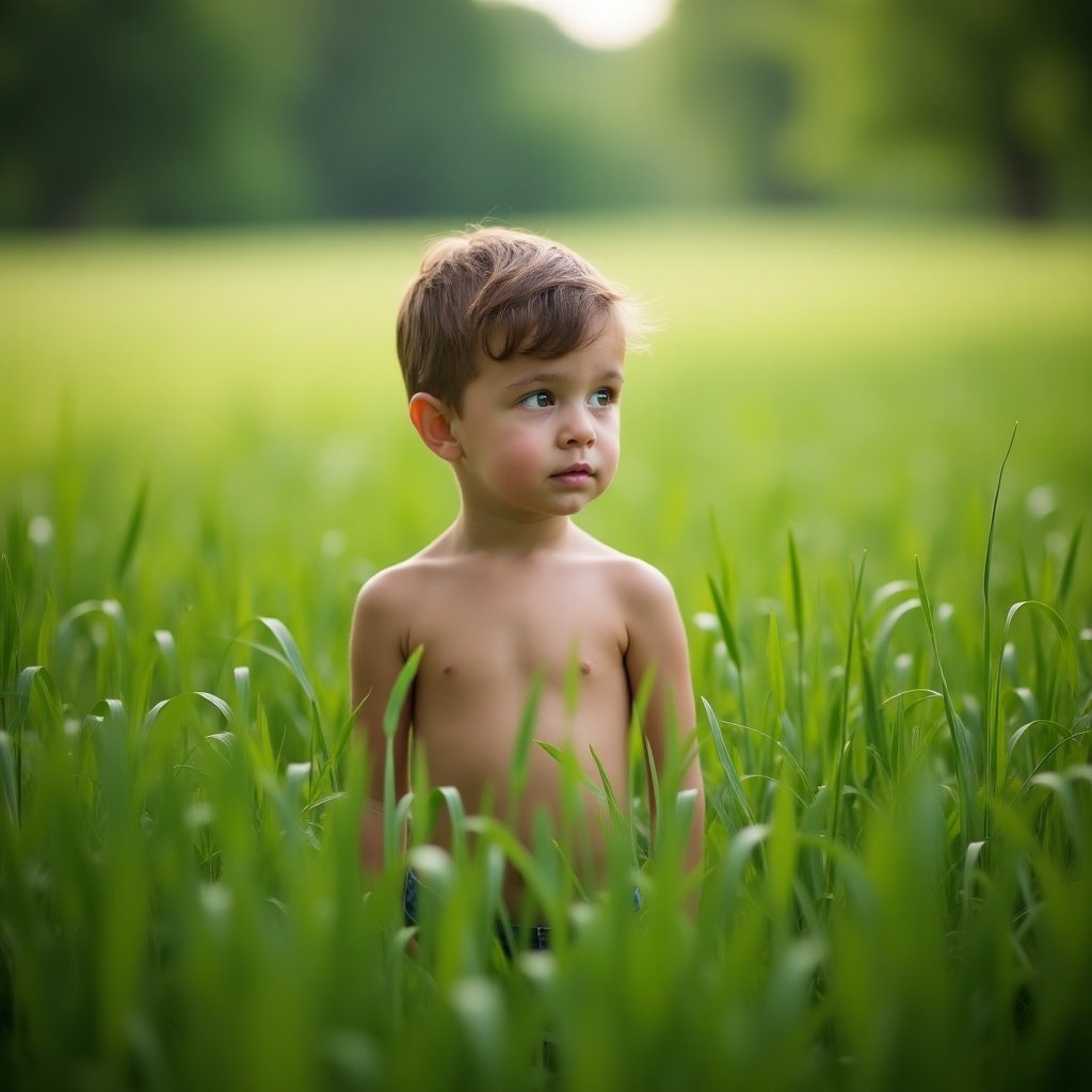 Young boy standing in a lush green field. He looks into the distance. Tall grass surrounds him. Background is blurred, emphasizing the boy as the main subject. Natural lighting enhances tranquility and innocence.