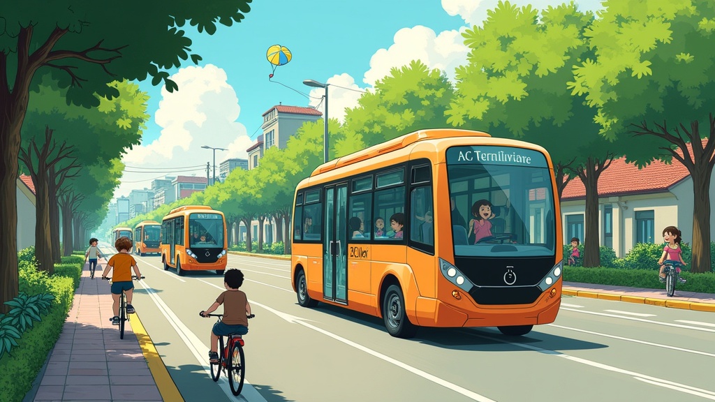 Illustration of a solarpunk-inspired city street scene. Two mini-buses drive quietly along with cyclists and children playing. Trees line the streets. Solar panels on rooftops and buses are visible. Children fly kites and ride bikes. The atmosphere is peaceful, warm, and hopeful. Soft painterly textures are used. The scene is vibrant and filled with greenery.