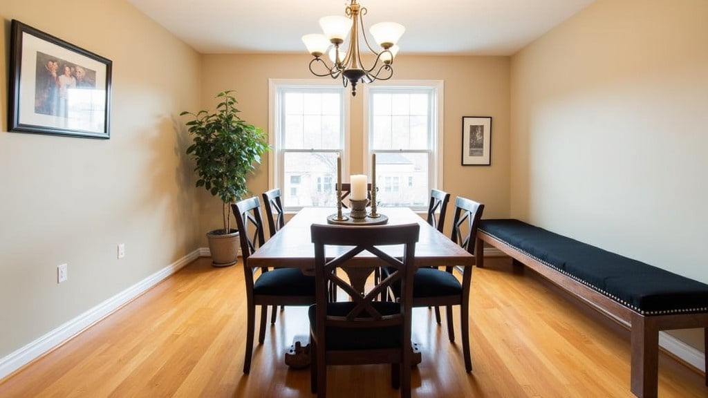 Dining room arrangement with wooden floor and beige walls. Rectangular table with black cushioned chairs. Centerpiece with candles on table. Chandelier above the table. Two large windows for natural light. Potted plant near left window. Black cushioned bench on the right. Framed pictures on the walls. Clean and elegant vibe for inspiration.