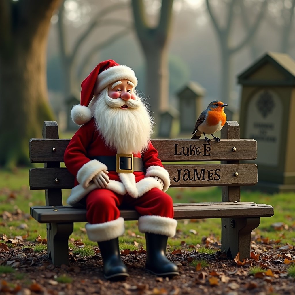 Father Christmas seated on a bench in a cemetery with a red-breasted robin nearby. Engraving on the bench reads ‘Luke & James’. Scene features soft lighting and a warm atmosphere.