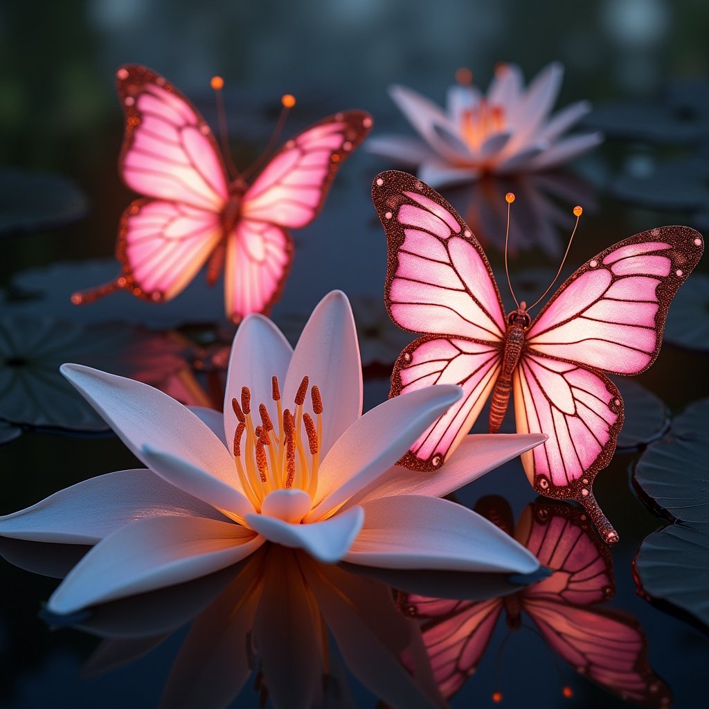 Scene with pink butterflies and white lilies. Names Racheal and Kevin in large glowing metal font with reflection.