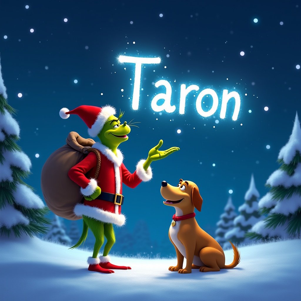 The image features an evil Pixar-themed Grinch in a snowy landscape, joyously writing the name 'Taron' in the night sky with magical light. He is dressed in a festive red suit with white trim, and carries a large sack on his back. Beside him is a cheerful dog named Max, who looks on with a smile. They stand amid a beautiful snowy scene, with gently falling snowflakes. The starry night sky sparkles brightly, enhancing the enchanting holiday atmosphere, while pine trees dot the background, creating a winter wonderland feel.