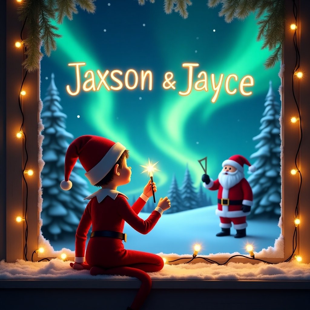 Image shows an elf sitting, back turned, looking up at a night sky. Elf holds a wand, creating glowing names 'Jaxson & Jayce'. Background includes vibrant northern lights and Santa Claus in the distance. Snow-covered trees are framed by a window, with fairy lights enhancing the scene.