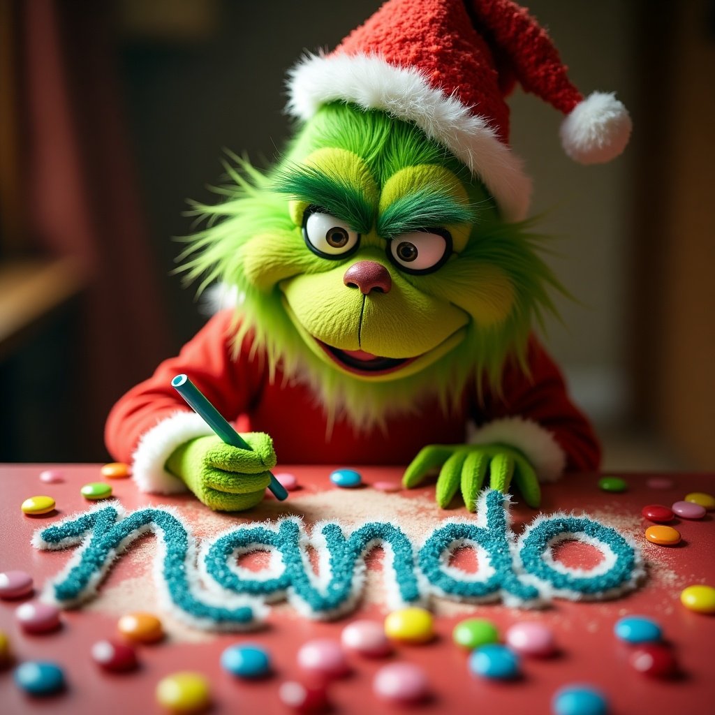 A multicolored, sparkly Grinch writes the name 'Nando' on a table filled with candy