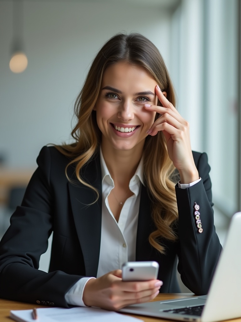 Woman in business attire sitting at a table with a laptop and phone. Modern office setting with natural light. Professional demeanor. Influencer style. Clear refined look. Elegant and sophisticated. Digital work environment. Preparing for a meeting.